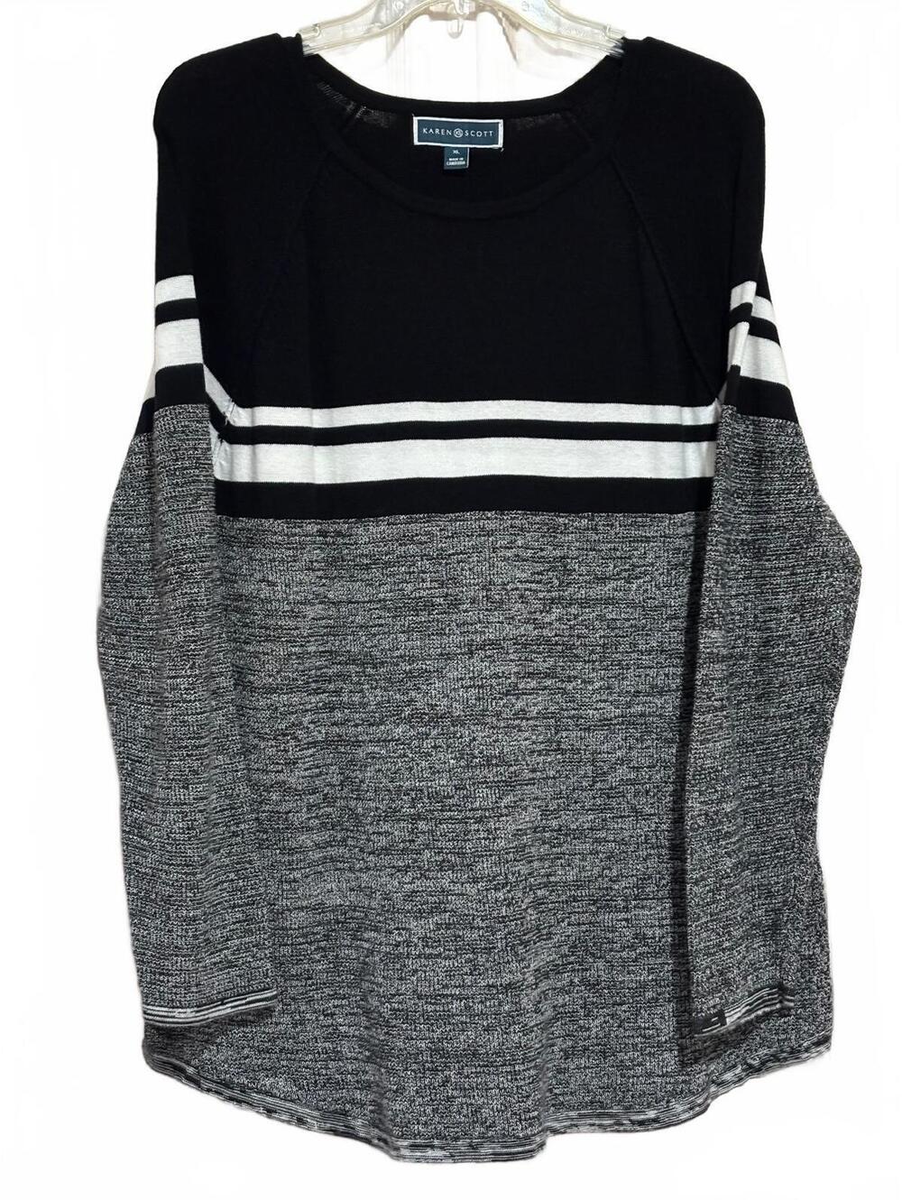 Karen Scott Black and Gray Striped Long Sleeve Pullover Sweater Size XL